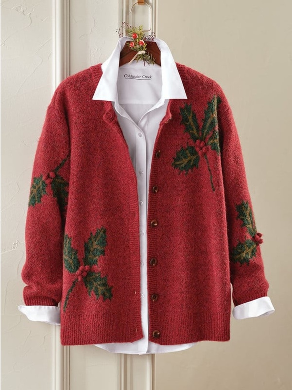 Coldwater Creek Red Cardigan with Holiday Holly Motif Grandma Large